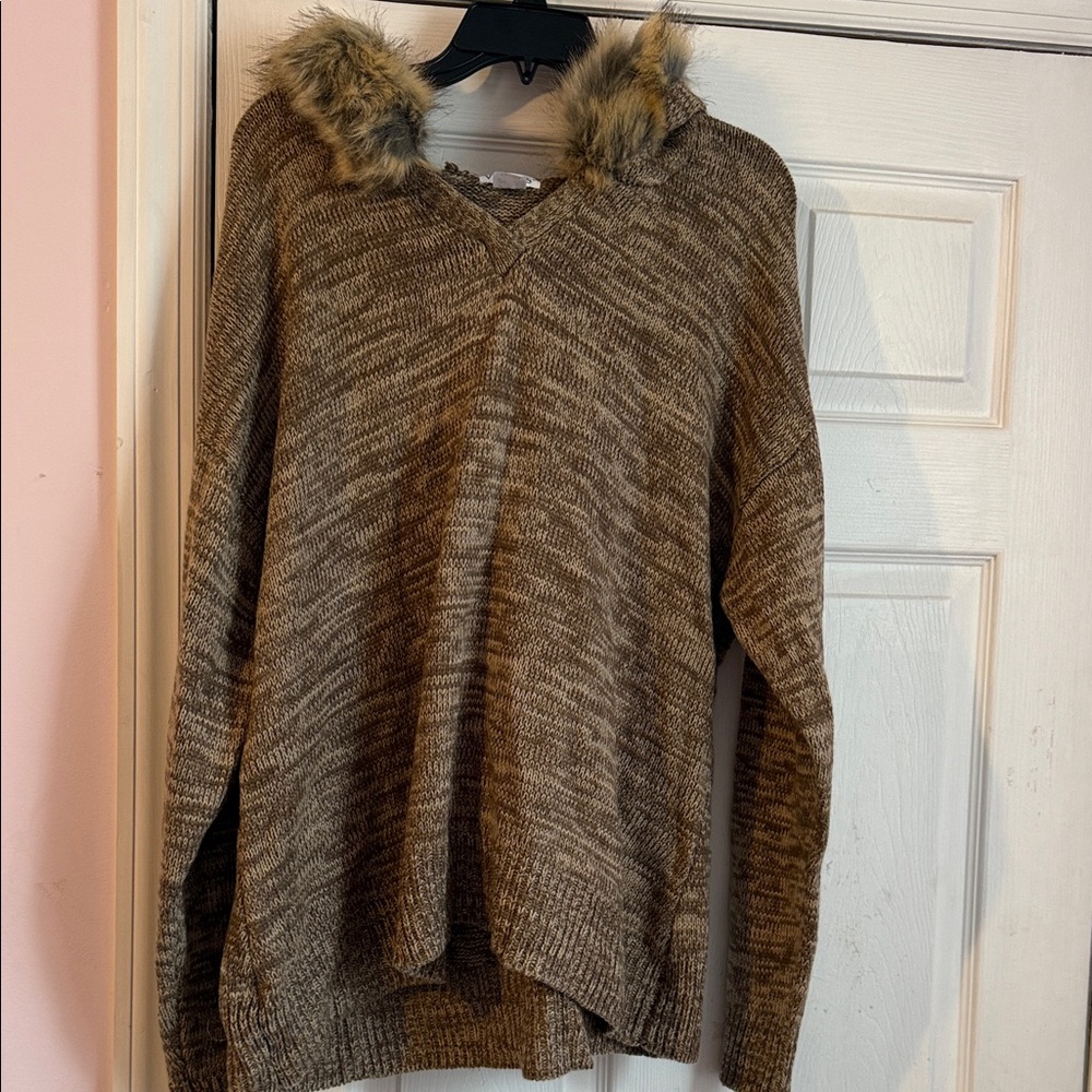 Venus Cozy Brown Sweater with Faux Fur Hood